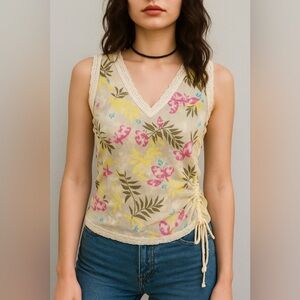 Y2K VTG butterfly floral mesh lace drawstring tank M fairycore grunge coquette